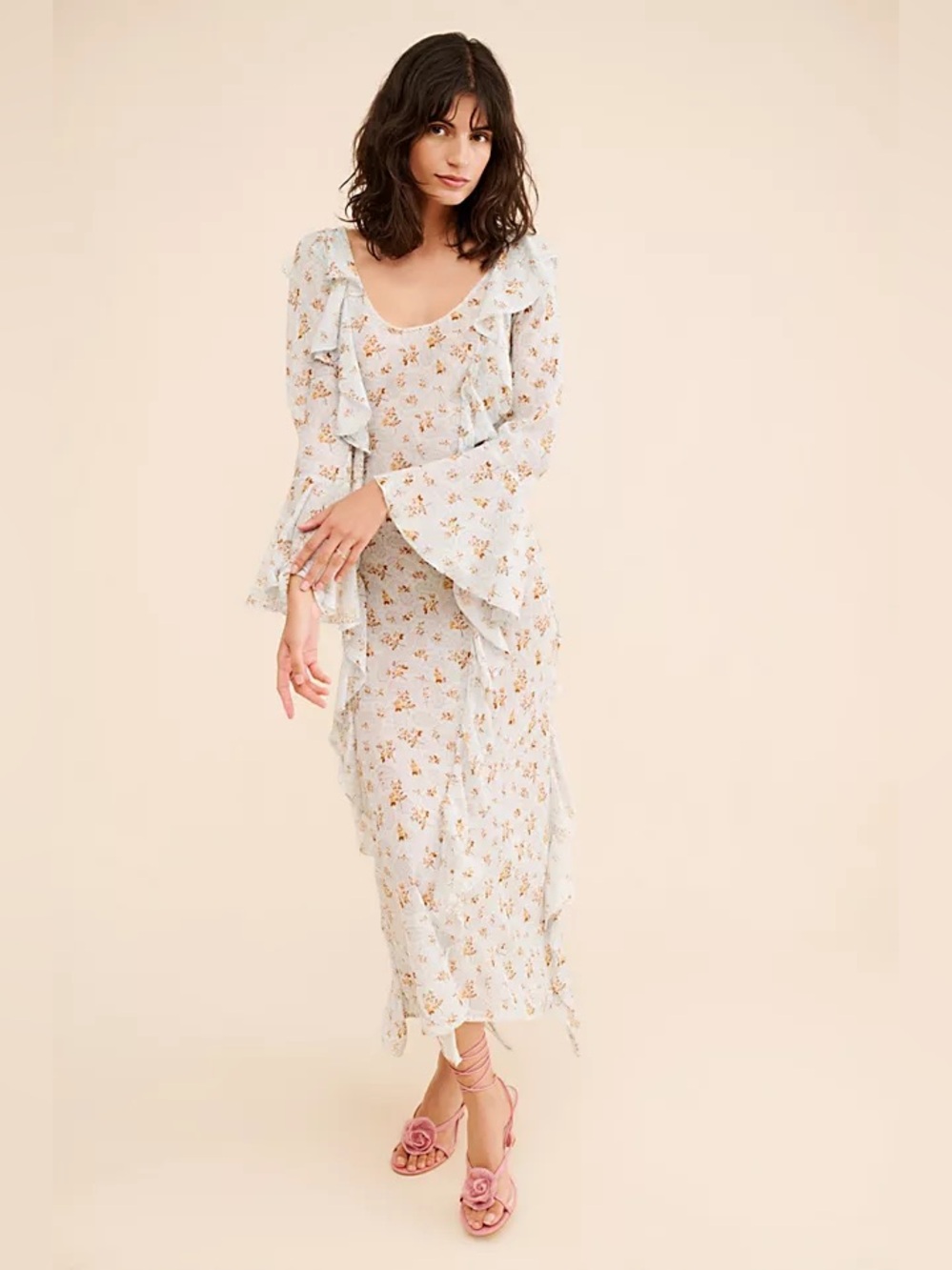 Spell Light Blue Floral Ruffle Long Sleeve Maxi Dress